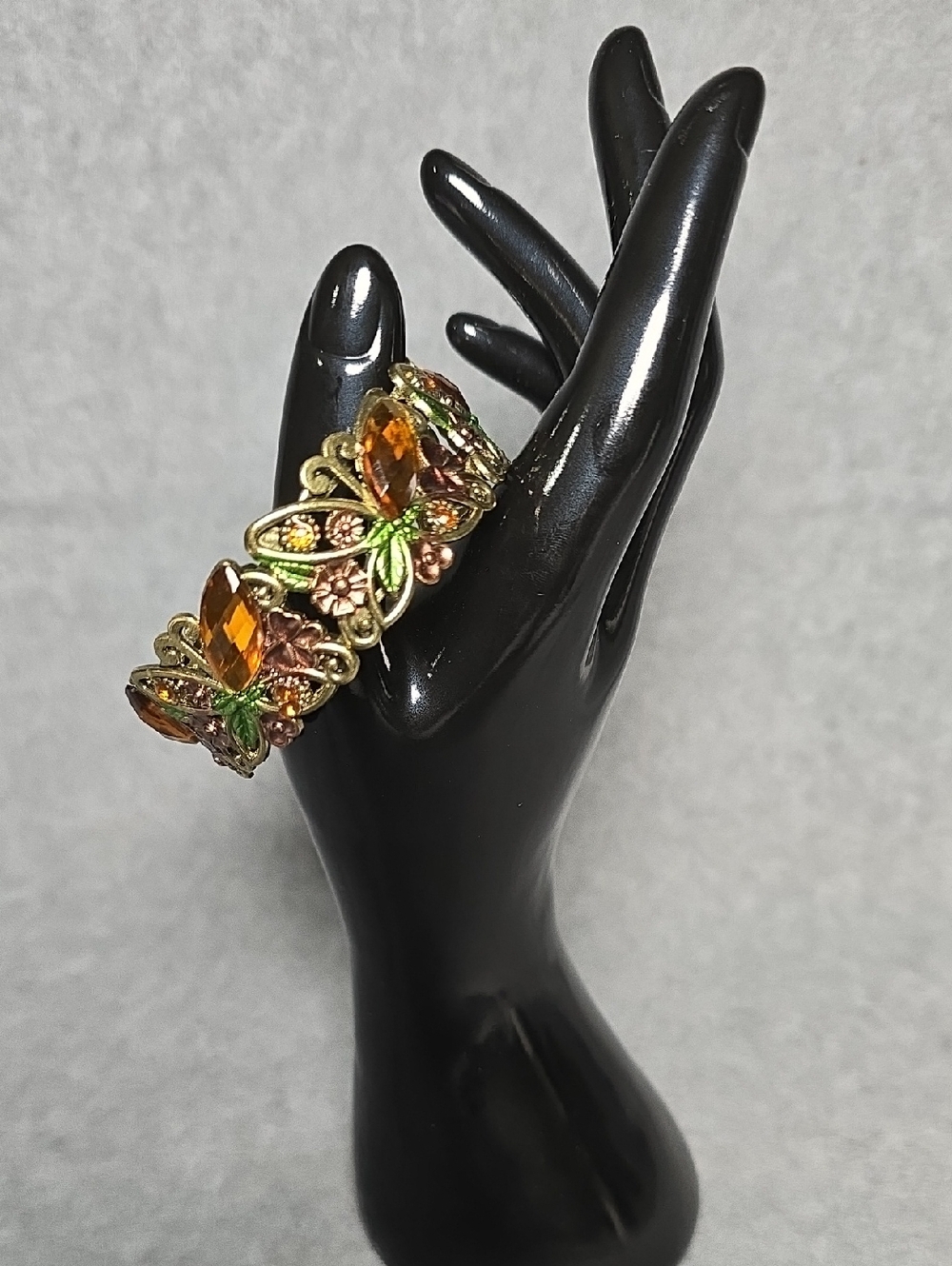 Gold-Tone Green and Amber Crystal Butterfly and Floral Bracelet